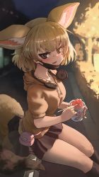 Rule 34 | 1girl, alternate costume, animal ears, belt pouch, black mask, black socks, blonde hair, blush, brown eyes, brown skirt, casual, commentary, extra ears, fennec (kemono friends), food, fox ears, fox girl, fox tail, highres, hood, hood down, hoodie, kemono friends, kneehighs, looking at viewer, mask, melaton, mouth mask, outdoors, pleated skirt, pouch, puffy short sleeves, puffy sleeves, shaved ice, short hair, short sleeves, sitting, skirt, socks, solo, surgical mask, tail, yellow hoodie