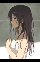 Rule 34 | 1girl, bare arms, bare shoulders, black hair, blush, breasts, closed mouth, from side, green eyes, hair between eyes, hand up, highres, jchoy, letterboxed, long hair, looking at viewer, looking to the side, naked towel, original, profile, small breasts, solo, tile wall, tiles, towel, upper body