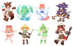 Rule 34 | 6+girls, :d, ahoge, animal ears, animal hands, arrow (projectile), bare shoulders, bell, belt bra, belt pouch, black hair, blonde hair, blue eyes, boots, bow, bow (weapon), brown eyes, brown hair, crop top, detached sleeves, dress, elf, fairy, fairy wings, fang, flat chest, fox ears, fox tail, full body, gloves, goggles, goggles on head, green dress, green eyes, green hair, hair bow, hat, japanese clothes, jingle bell, kimono, kso, long hair, looking at viewer, midriff, monster girl, multiple girls, navel, open mouth, orange eyes, original, pointy ears, pouch, quiver, red eyes, red hair, ribbon, short hair, shorts, simple background, slime girl, smile, staff, tail, tail bell, tail ornament, tail ribbon, twintails, weapon, white background, wings, witch, witch hat, wolf ears, wolf tail, wrench