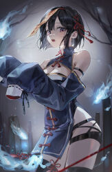 1girl absurdres bare_shoulders black_hair black_thighhighs bob_cut breasts china_dress chinese_clothes cleavage detached_sleeves dress earrings ekina_(1217) fang groin highres jewelry jiangshi medium_breasts ofuda ofuda_on_head original pelvic_curtain purple_eyes side-eyed skindentation thighhighs thighs will-o&#039;-the-wisp_(mythology)