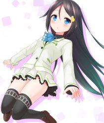 Rule 34 | 10s, 1girl, black hair, black thighhighs, blue eyes, blush, commentary request, faubynet, hair ornament, highres, izumi reina, long hair, looking at viewer, musaigen no phantom world, open mouth, panties, pantyshot, pleated skirt, school uniform, skirt, solo, striped clothes, striped panties, thighhighs, underwear, upskirt, very long hair