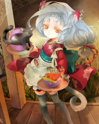 Rule 34 | 1girl, animal ears, awai, bad id, bad pixiv id, brown eyes, cat, cat ears, cat tail, fish, floral print, geta, grey thighhighs, highres, indoors, japanese clothes, kimono, long hair, long sleeves, looking at viewer, mouse (animal), original, red kimono, silk, silver hair, solo, spider web, tail, thighhighs