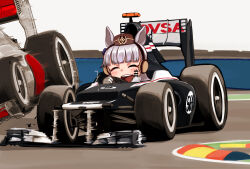 Rule 34 | 1girl, ^ ^, animal ears, blush, brown headwear, car, censored, censored gesture, chibi, closed eyes, driving, earmuffs, formula one, formula racer, gloves, gold ship (umamusume), grey hair, head tilt, highres, horse ears, horse girl, looking at viewer, middle finger, motor vehicle, open mouth, race vehicle, racecar, racetrack, shadow, smile, solo focus, spoiler (automobile), umamusume, v-shaped eyebrows, vehicle focus, white gloves, yanparap