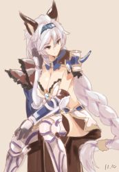 Rule 34 | 10s, 1girl, animal ears, armor, armored boots, armored dress, bad id, bad twitter id, boots, braid, breasts, brown eyes, cat ears, cleavage, dress, elbow gloves, erune, gloves, granblue fantasy, hair between eyes, hair intakes, hair tubes, hairband, heles, huge breasts, long hair, okino ryuuto, short dress, silver hair, single braid, sitting, smile, solo, thighhighs, very long hair, white dress