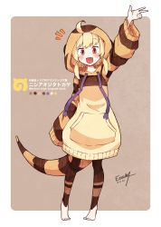 Rule 34 | 10s, 1girl, absurdres, ahoge, bad id, bad twitter id, barefoot, blonde hair, blush, commentary request, dated, enk 0822, fang, full body, highres, hood, hoodie, japari symbol, kemono friends, leggings, lizard tail, long sleeves, original, oversized clothes, red eyes, short hair, signature, solo, striped, tail, tiptoes, translation request, twintails, waving, western blue-tongued skink (kemono friends) (enk 0882)