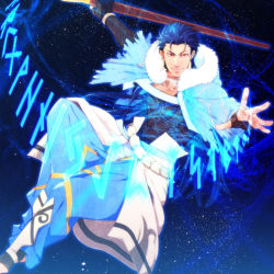 Rule 34 | 1boy, armor, belt, blue hair, bracelet, capelet, casting spell, cu chulainn (caster) (fate), cu chulainn (fate), cu chulainn (fate/stay night), earrings, fate/grand order, fate (series), flying, fur-trimmed hood, fur trim, glowing, greaves, harem pants, holding, holding weapon, hood, hood down, hooded capelet, jewelry, long hair, magic, male focus, night, night sky, outstretched hand, pants, red eyes, runes, skin tight, sky, smile, solo, spiked hair, staff, star (sky), starry sky, toeless legwear, type-moon, weapon, wooden staff, yu (8dgc4mfc)