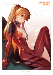 Rule 34 | 1girl, absurdres, blue eyes, bodysuit, breasts, closed mouth, evangelion: 3.0 you can (not) redo, hairpods, highres, interface headset, knee up, legs, long hair, long legs, looking at viewer, looking to the side, neon genesis evangelion, orange hair, pilot suit, plugsuit, rebuild of evangelion, red bodysuit, scan, shiny skin, siino, simple background, sitting, small breasts, solo, souryuu asuka langley, thighs, torn bodysuit, torn clothes, twintails, two side up
