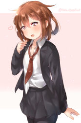Rule 34 | 1girl, bad id, bad pixiv id, black jacket, black skirt, blazer, closed mouth, collared shirt, cosplay, dress shirt, hand up, hatsushimo (kancolle), hatsushimo (kancolle) (cosplay), ikazuchi (kancolle), jacket, juurouta, kantai collection, long sleeves, looking at viewer, miniskirt, necktie, open clothes, open jacket, open mouth, pleated skirt, red necktie, shirt, shirt tucked in, skirt, solo, twitter username, white shirt, wing collar