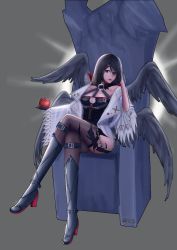 Rule 34 | 00s, bad id, bad pixiv id, black footwear, black hair, black wings, boots, breasts, choker, crossed legs, dress, dungeon and fighter, female priest (dungeon and fighter), gloves, hand on own head, knee boots, large breasts, lecheu, looking at viewer, mistress (dungeon and fighter), purple eyes, short hair, tattoo, thighhighs, thighs, wings