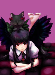 Rule 34 | 1girl, absurdres, animal, animal on head, barefoot, black hair, bow, cat, cat on head, feet, female focus, hair bow, highres, kaenbyou rin, kaenbyou rin (cat), looking at viewer, lying, maruto-b, on head, on stomach, red eyes, reiuji utsuho, solo, touhou, wings
