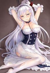 Rule 34 | 1girl, apron, armpits, arms up, azur lane, belfast (azur lane), blue eyes, blush, bound, bound wrists, braid, breasts, cleavage, clenched teeth, collar, collarbone, dress, french braid, frilled gloves, frills, frown, gloves, large breasts, leash, long hair, looking at viewer, maid, maid headdress, no shoes, pantyhose, parted lips, restrained, silver hair, sitting, solo, sweatdrop, teeth, torn clothes, torn pantyhose, white gloves, white hair, white pantyhose, yokozuwari, yuemanhuaikong