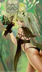 Rule 34 | 1girl, absurdres, animal, animal on hand, ass, back tattoo, bare shoulders, bikini, bikini bottom only, bird, bird on hand, black bikini, black gloves, butterfly wings, cowboy shot, creature, crop top, from behind, gloves, green eyes, green theme, hair wings, highres, horns, insect wings, looking at viewer, looking back, myabit, sailor collar, short hair, silver hair, skull, solo, swimsuit, tattoo, thighs, watermark, wide sleeves, wings