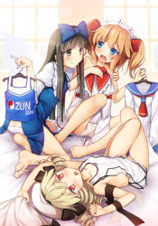 Rule 34 | 3girls, :o, bare legs, barefoot, bed sheet, black bow, black eyes, black hair, black ribbon, blonde hair, blue bow, blue eyes, blunt bangs, bow, chestnut mouth, chima q, clothes hanger, clothes in front, unworn clothes, collarbone, commentary request, drill hair, fairy wings, fang, feet, hair between eyes, hair bow, hair ribbon, hand on another&#039;s shoulder, hat, headdress, highres, hime cut, holding, holding clothes, juliet sleeves, long sleeves, looking at another, looking at viewer, luna child, lying, medium hair, multiple girls, on back, one-piece swimsuit, panties, pinky out, puffy sleeves, red bow, red eyes, red ribbon, ribbon, school uniform, serafuku, sheet grab, sitting, smile, star sapphire, sunny milk, swimsuit, tank top, touhou, twintails, underwear, white one-piece swimsuit, white panties, wings, yin yang