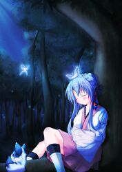 Rule 34 | 1girl, absurdres, against tree, black bow, black socks, blue butterfly, blue hair, blush, bow, braid, braided bun, breasts, bug, butterfly, butterfly on head, closed eyes, commentary request, crown braid, forest, fox, glowing butterfly, hair between eyes, hair bow, hair bun, hair ornament, highres, inari (summer pockets), insect, japanese clothes, kimono, knees up, large breasts, long hair, long sleeves, miko, nature, night, nontraditional miko, parted lips, pink skirt, red tassel, saikohana, sidelighting, sidelocks, sitting, skirt, sleeping, socks, solo, sorakado ao, summer pockets, tassel, tassel hair ornament, tree, very long hair, white footwear, white kimono, wide sleeves