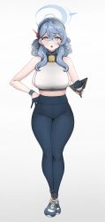 Rule 34 | 1girl, absurdres, ako (blue archive), bell, black gloves, blue archive, blue eyes, blue hair, breasts, collarbone, cowbell, cuffs, earrings, full body, gloves, gym pants, half gloves, halo, headband, highres, jewelry, large breasts, long hair, looking at viewer, navel, pants, shackles, sidelocks, simple background, solo, ushimochi, white background, wide hips, wristband, yoga pants