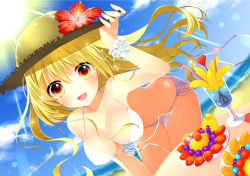 Rule 34 | 1girl, bad id, bad pixiv id, bare shoulders, beach, bent over, bikini, blonde hair, blush, bracelet, breasts, cleavage, cloud, cup, day, flower, food, front-tie top, fruit, hat, hibiscus, highres, jewelry, large breasts, leaning forward, long hair, looking at viewer, open mouth, original, outdoors, red eyes, side-tie bikini bottom, sky, smile, solo, sparkle, straw hat, swimsuit, white bikini, yadapot