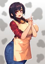 Rule 34 | 1girl, :d, apron, bell, black hair, blue pants, braid, breasts, commentary request, copyright request, cowbell, denim, hair over shoulder, harusame-r, huge breasts, interlocked fingers, jeans, long hair, looking at viewer, mature female, mole, mole under eye, neck bell, open mouth, own hands together, paid reward available, pants, red sweater, ribbed sweater, single braid, sleeves rolled up, smile, solo, standing, sweater, thick eyebrows, turtleneck, turtleneck sweater, yellow apron