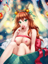 Rule 34 | 1girl, antlers, bare shoulders, bell, blurry, blurry background, blush, box, breasts, brown hair, candy, candy cane, christmas, cleavage, collarbone, dot nose, food, gift, gift box, gigamessy, green eyes, hair between eyes, hair ribbon, horns, large breasts, licking, long hair, looking at viewer, naked ribbon, nipples, nude, original, ornament, reindeer antlers, ribbon, sitting, smile, solo, tinsel, tongue, tongue out