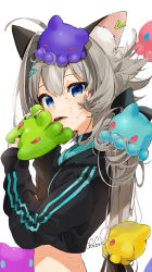 Rule 34 | 1girl, ahoge, animal ear fluff, animal ears, artist name, bite mark, black nails, blue eyes, blue nails, choker, creature, cropped hoodie, fangs, from side, gotou (nekocat), grey hair, hair between eyes, hair intakes, hair ornament, hairclip, highres, hood, hoodie, long hair, looking at viewer, multicolored nails, nail polish, original, simple background, solo, tearing up, upper body, white background