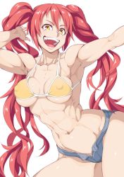 Rule 34 | 1girl, abs, armpits, arms up, bikini, bikini top only, breasts, breasts apart, character request, collarbone, denim, large breasts, long hair, looking at viewer, muscular, muscular female, navel, open clothes, open mouth, open shorts, original, ouka (oukakaka), red hair, short shorts, shorts, simple background, smile, solo, source request, swimsuit, teeth, toned, twintails, underboob, upper teeth only, very long hair, white background, yellow eyes
