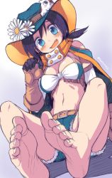 Rule 34 | 1girl, animal, barefoot, belt, black hair, blue eyes, blush, breasts, character request, cowboy hat, daisy, denim, denim shorts, fang, feet, flower, fringe trim, gloves, hat, highres, large breasts, looking at viewer, open mouth, oyatsu (mk2), scarf, shorts, side ponytail, sitting, smile, soles, toes, torn clothes, torn legwear, cowboy western