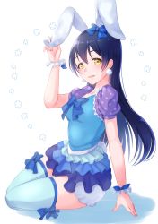 Rule 34 | 1girl, absurdres, animal ears, arm support, blue hair, blue ribbon, blue thighhighs, blush, earrings, fake animal ears, hair between eyes, highres, jewelry, kobayashi nyoromichi, long hair, looking at viewer, love live!, love live! school idol project, open mouth, rabbit ears, ribbon, short sleeves, simple background, sitting, skirt, smile, solo, sonoda umi, swept bangs, thighhighs, white background, yellow eyes, yokozuwari
