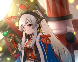 Rule 34 | 1girl, arknights, blue cloak, christmas tree, cloak, commentary, english commentary, expressionless, grey hair, hairband, long hair, looking at viewer, official alternate costume, ponytail, red eyes, sidelocks, solo, speckticuls, upper body, very long hair, weedy (arknights), weedy (candy cape) (arknights)