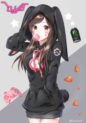 Rule 34 | 1girl, blowing bubbles, chewing gum, chewing gum, can, controller, d.va (overwatch), game controller, highres, hood, hoodie, monster (drink), overwatch, overwatch 1