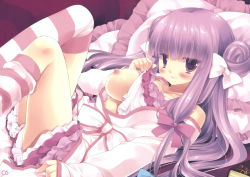 Rule 34 | 1girl, blush, bow, breasts, collarbone, double bun, female focus, frilled pillow, frills, hair bow, hair bun, highres, looking at viewer, lying, miyasu risa, natsume eri, nipples, no headwear, non-web source, on back, patchouli knowledge, pillow, purple eyes, purple hair, scan, smile, solo, striped clothes, striped thighhighs, thighhighs, touhou