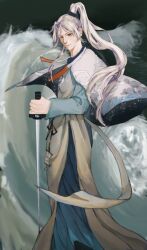 Rule 34 | 1boy, absurdres, black eyes, chinese clothes, coat, floating clothes, floating hair, from side, highres, holding, holding sword, holding weapon, li bai, long hair, looking at viewer, original, ponytail, solo, sword, user edjp4247, waves, weapon, white hair