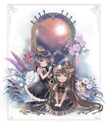 Rule 34 | 2girls, bare shoulders, barefoot, black bow, black dress, black hair, blunt bangs, blush, bow, bowtie, brooch, collared dress, commentary request, crown, dress, flower, frilled dress, frills, full body, full moon, hair flaps, hair flower, hair ornament, highres, jewelry, juliet sleeves, liar princess, long hair, long sleeves, mini crown, moon, multiple girls, open mouth, puffy short sleeves, puffy sleeves, rose, rose (rose to tasogare no kojou), rose to tasogare no kojou, short hair, short sleeves, sitting, sleeveless, sleeveless dress, smile, tetsunoka, usotsuki hime to moumoku ouji, v arms, very long hair, wreath