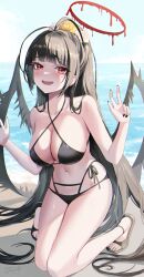 Rule 34 | 1girl, artist name, beach, bikini, black bikini, black footwear, black hair, black nails, black wings, blue archive, blunt bangs, blush, breasts, cleavage, collarbone, commentary, criss-cross halter, day, fang, flower, hair flower, hair ornament, halo, halterneck, hands up, high ponytail, highres, kneeling, knees together feet apart, large breasts, long hair, looking at viewer, low wings, nakar34ra, navel, ocean, open mouth, outdoors, red eyes, red halo, sandals, side-tie bikini bottom, smile, solo, stomach, swimsuit, tsurugi (blue archive), very long hair, w, wide ponytail, wings