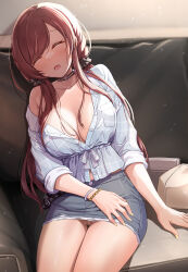 Rule 34 | 1girl, blue shirt, blush, bracelet, breast pocket, breasts, brown hair, choker, cleavage, cleft of venus, closed eyes, collarbone, female pubic hair, grey skirt, highres, idolmaster, idolmaster shiny colors, jewelry, large breasts, long hair, long sleeves, mk (mod0), no bra, no panties, open mouth, osaki amana, pocket, pubic hair, pussy, pussy peek, shirt, sitting, skirt, sleeping, solo, thighs, uncensored