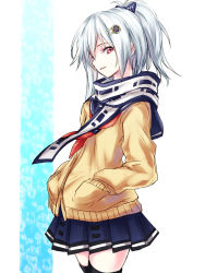 Rule 34 | 1girl, bow, character request, commentary request, hair bow, hair ornament, hairclip, hands in pockets, highres, jacket, kurokawa (silve), long hair, looking at viewer, oshiro project:re, oshiro project:re, pleated skirt, ponytail, red eyes, sailor collar, scarf, silver hair, skirt, solo