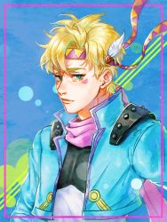 Rule 34 | 1boy, battle tendency, blonde hair, blue eyes, blue jacket, caesar anthonio zeppeli, cropped jacket, facial mark, feather hair ornament, feathers, green eyes, hair ornament, headband, homil22, jacket, jojo no kimyou na bouken, male focus, smile, solo, triangle print