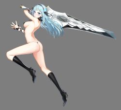 Rule 34 | &gt;:o, 1girl, :o, arched back, areola slip, arm ribbon, ass, bad id, black footwear, blue eyes, blue hair, blush, boots, breasts, choker, closers, copyright name, english text, fingernails, floating hair, flower, from side, full body, hair ribbon, hairband, happening18, highres, holding, holding sword, holding weapon, huge weapon, leg up, long hair, looking at viewer, matching hair/eyes, medium breasts, open hand, palms, revealing clothes, ribbon, rose, shoe soles, sideboob, solo, spread fingers, sword, thong, v-shaped eyebrows, violet (closers), weapon, wrist cuffs
