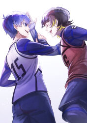 Rule 34 | 2boys, absurdres, arm grab, bachira meguru, black hair, blonde hair, blue eyes, blue hair, blue lock, bodysuit, commentary request, cowboy shot, gradient background, grey background, highres, isagi yoichi, long sleeves, looking at another, male focus, multicolored hair, multiple boys, one eye closed, open mouth, outstretched hand, partial commentary, soccer uniform, sportswear, teeth, two-tone hair, upper teeth only, white background, yune525neko