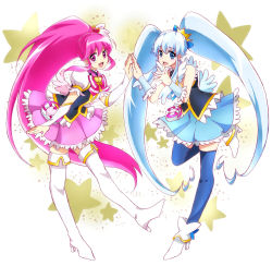 Rule 34 | 10s, 2girls, aino megumi, arm warmers, blue eyes, blue hair, blue skirt, blue thighhighs, boots, bow, brooch, cure lovely, cure princess, detached sleeves, dress, earrings, hair ornament, happinesscharge precure!, happy, heart, heart brooch, high heels, jewelry, long hair, looking at viewer, magical girl, multiple girls, nanop38, open mouth, pink bow, pink eyes, pink hair, ponytail, precure, puffy sleeves, ribbon, shirayuki hime, shirt, skirt, smile, thigh boots, thighhighs, twintails, white legwear, wide ponytail, wrist cuffs