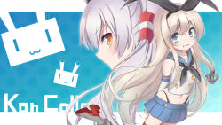 Rule 34 | 10s, 2girls, :3, amatsukaze (kancolle), anchor, arms behind back, asa (coco), blonde hair, blue eyes, blue skirt, clenched teeth, copyright name, elbow gloves, gloves, hairband, highres, kantai collection, long hair, looking at viewer, multiple girls, navel, orange eyes, personification, rensouhou-chan, shimakaze (kancolle), silver hair, skirt, smile, teeth, very long hair, white gloves