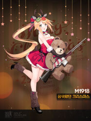Rule 34 | 1girl, animal ears, antlers, automatic rifle, bare legs, bare shoulders, bell, black footwear, black gloves, blonde hair, blush, boots, breasts, character name, christmas, copyright name, deer ears, detached collar, doughnut, doughnut hair ornament, dress, food, food-themed hair ornament, from side, full body, fur trim, girls&#039; frontline, gloves, grey eyes, gun, hair ornament, high heel boots, high heels, holding, holding gun, holding weapon, horns, hugging object, jingle bell, large breasts, leg warmers, light machine gun, long hair, looking at viewer, m1918 (girls&#039; frontline), m1918 (war is over) (girls&#039; frontline), m1918 bar, machine gun, merry christmas, official alternate costume, official art, open mouth, red dress, short dress, sidelocks, solo, squad automatic weapon, standing, standing on one leg, stuffed animal, stuffed toy, suisai (suisao), teddy bear, very long hair, weapon