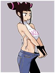 Rule 34 | clothes pull, denim, han juri, jeans, lineni, midriff, navel, pants, pulled by self, street fighter, tagme