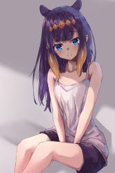 Rule 34 | 1girl, blue eyes, blush, diamond hairband, hair ornament, highres, hololive, hololive english, holomyth, long hair, looking at viewer, multicolored hair, ninomae ina&#039;nis, shaded face, shironekokfp, shirt, shorts, simple background, smile, solo, tentacle hair, two-tone hair, virtual youtuber