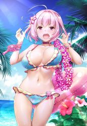 Rule 34 | 1girl, ahoge, bangle, bare shoulders, beach, bikini, blue bikini, blue hair, blue sky, bouncing breasts, bracelet, breasts, choker, cleavage, cloud, collarbone, day, electric fan, fangs, flower, flower necklace, frilled bikini, frills, groin, hair between eyes, hair flower, hair intakes, hair ornament, handheld fan, hibiscus, horizon, idolmaster, idolmaster cinderella girls, innertube, jewelry, large breasts, lei, lens flare, looking at viewer, multicolored bikini, multicolored clothes, nakajima yuka, necklace, ocean, open mouth, outdoors, palm tree, pink choker, pink eyes, pink flower, pink hair, pink innertube, pink wristband, plant, purple wristband, short hair, sky, solo, standing, star (symbol), star print, sunlight, swim ring, swimsuit, thigh gap, thighs, tongue, tree, unaligned breasts, v-shaped eyebrows, water, yumemi riamu