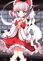 Rule 34 | 1girl, aqua eyes, blurry, blurry background, blush, bow, closed mouth, commentary request, cosplay, detached sleeves, dress, feet out of frame, frilled skirt, frills, ghost, grey hair, hair bow, hakurei reimu, hakurei reimu (cosplay), highres, holding, indoors, konpaku youmu, konpaku youmu (ghost), looking at viewer, multiple swords, red bow, red dress, ribbon-trimmed sleeves, ribbon trim, ruu (tksymkw), shide, short hair, skirt, smile, solo, sword, sword behind back, touhou, weapon, wide sleeves