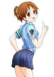 Rule 34 | 1girl, alternate costume, arched back, armband, blush, brown eyes, brown hair, cowboy shot, dresstrip, hand on own hip, hirasawa ui, index finger raised, k-on!, looking at viewer, looking back, open mouth, police, police uniform, ponytail, round teeth, short hair, simple background, skirt, solo, teeth, uniform, white background