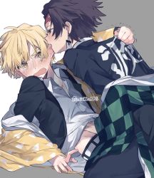 Rule 34 | 2boys, agatsuma zenitsu, biting, black kimono, black pants, black shirt, blonde hair, blush, brown hair, checkered clothes, checkered kimono, clenched hand, clothes grab, clothes lift, collared shirt, ear biting, earrings, green kimono, grey background, groping, half-closed eyes, hand under clothes, hand under shirt, highres, japanese clothes, jewelry, kimetsu no yaiba, kimono, looking at another, lying, makura (makura0128), male focus, multiple boys, on back, open mouth, pants, red eyes, scar, scar on face, scar on forehead, shirt, shirt lift, simple background, sweat, trembling, unbuttoned, unbuttoned shirt, wavy mouth, white background, white shirt, yaoi, yellow eyes, yellow kimono