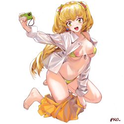 Rule 34 | 1girl, barefoot, bikini, blonde hair, breasts, breasts apart, camera, cleavage, clothes pull, collared shirt, earrings, full body, green bikini, green eyes, highres, idolmaster, idolmaster cinderella girls, jewelry, jougasaki rika, kneeling, long hair, long sleeves, looking at viewer, medium breasts, navel, nipples, open clothes, open mouth, open shirt, outstretched arm, prossss, selfie, shirt, sign, simple background, skirt, skirt pull, solo, swimsuit, two side up, white background, white shirt, yellow skirt