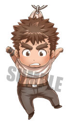 Rule 34 | 1boy, bad id, bad twitter id, bara, blush, chibi, clenched teeth, clothes lift, facial hair, forked eyebrows, full body, goatee, charm (object), long sideburns, male focus, muscular, muscular male, outstretched arms, pants, sample watermark, shirt, shirt lift, short hair, sideburns, solo, spread arms, stubble, sunfight0201, takabushi kengo, teeth, thick eyebrows, tokyo houkago summoners, watermark, white shirt