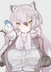 Rule 34 | 1girl, animal ears, arctic wolf (kemono friends), blush, don3, elbow gloves, gloves, grey hair, grey jacket, jacket, kemono friends, long hair, looking at viewer, multicolored hair, open clothes, open jacket, plaid trim, scarf, shirt, snowman, solo, white gloves, white hair, white scarf, white shirt, wolf ears, wolf girl, yellow eyes