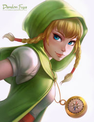 Rule 34 | 1girl, blonde hair, blue eyes, braid, compass, dandon fuga, face, hood, hyrule warriors, light smile, linkle, lips, looking at viewer, nintendo, pointy ears, smile, solo, the legend of zelda, twin braids, twintails